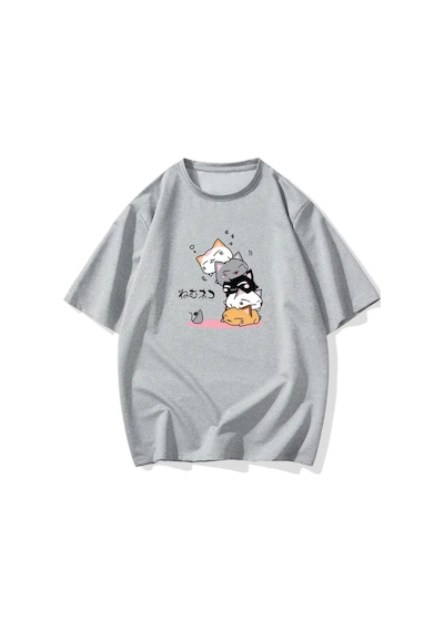 Medinenur Sevimli Kediler Baskılı Basic T-shirt Gri