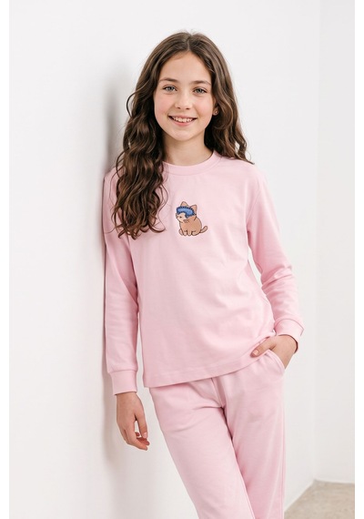 Zuzunga Kız Çocuk Bej Rengi Süprem %100 Pamuk Kedi Baskılı Pijama Takımı Toz Pembe Zuzunga Kız Çocuk Bej Rengi Süprem %100 Pamuk Kedi Baskılı Pijama Takımı Toz Pembe