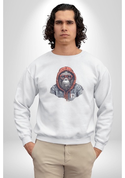 Kırmızı Gözlük Çeket Maymun Unisex Beyaz Baskılı Sweatshirt Beyaz