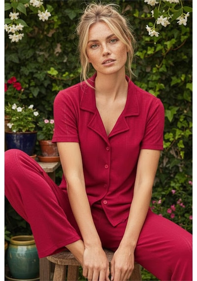Siyah İnci Pointel Ajurlu/delikli Kısa Kollu Düğmeli Örme Pijama Takım26120536 Vişne