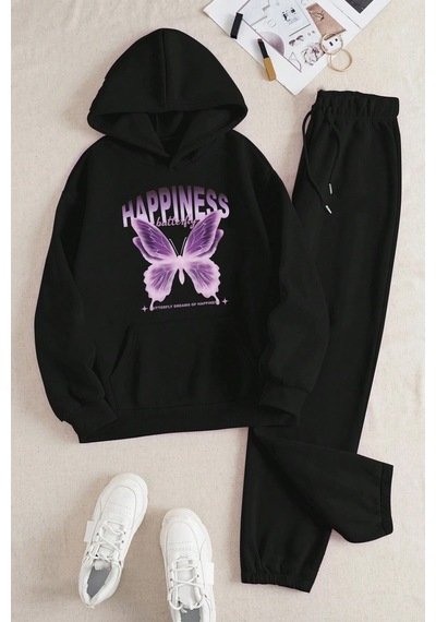 Uyguntarz Happiness Baskılı Eşofman Takımı Siyah