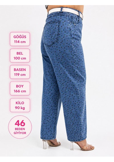 Büyük Beden Denim Kemerli Yüksek Bel Puantiyeli Cepli Balon Kesim Kadın Pantolon Mavi