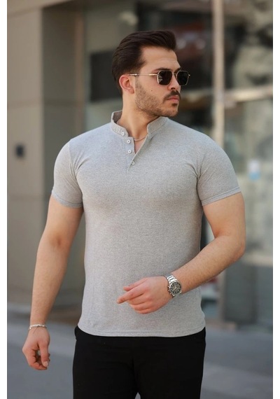 Vexor Erkek Hakim Yaka Dokuma Pamuklu Kumaş Kısa Kollu T-shirt Gri