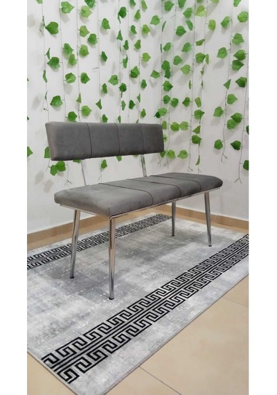 Özcan Metal Bench Sırtlı Krom Metal Ayaklı Mutfak Salon Antre Yatak Odası Puf Bank Oturak Takımı Gri