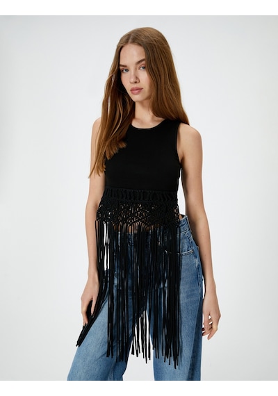 Koton Uzun Püsküllü Üst Kolsuz Slim Fit Pamuklu Siyah 4sal30032ık Siyah