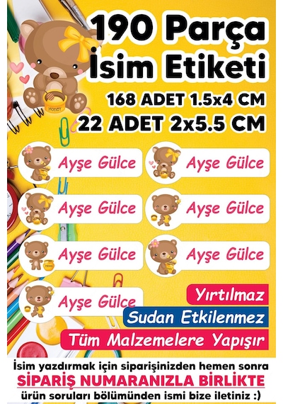 Okul Etiketi Kalem Defter Etiketi Sevimli Ayıcık Temalı Özel Isim Yazılabilen Etiket - 190 Adet