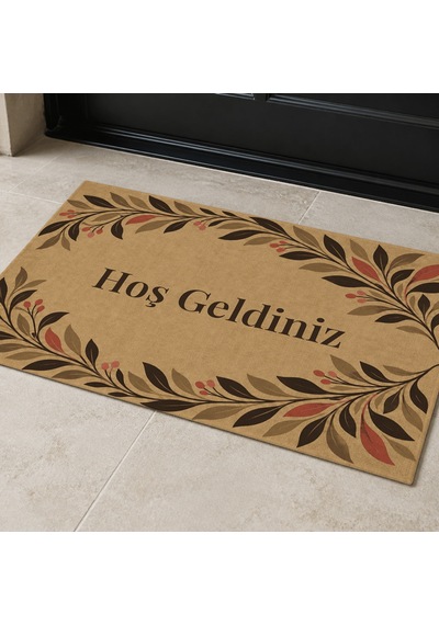 Kartela Halı Hoş Geldiniz Yazılı Yaprak Desenli Kapı Paspası Koko Kaymaz Kauçuk Taban 40x60 Cm
