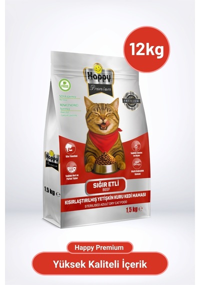 Happy Kısırlaştırılmış Sığır Etli Kuru Kedi Maması 12 KG
