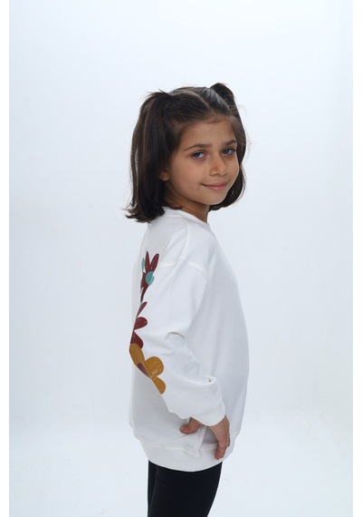 Toontoy Kız Çocuk Arka Kol Baskılı Çiçekli Sweatshirt Ekru