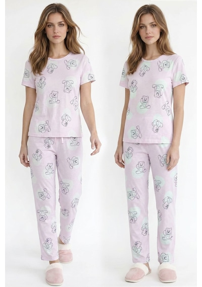 Kompedan Kadın Bisiklet Yaka Yumuşak Dokulu Ayıcık Desenli Kısa Kol Pijama Takım Pembe 70132-4680