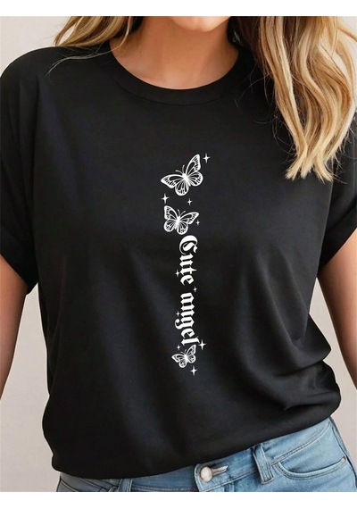 Cute Angel T-shirt - Siyah Baskılı Oversize Bisiklet Yaka Kısa Kol Tişört Siyah