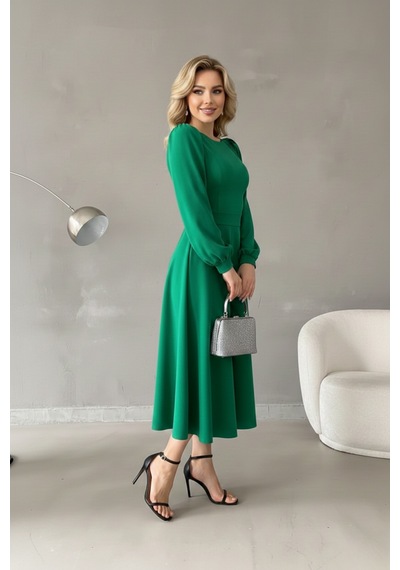 Defymoda Kadın Gün Boyu Rahat Midi Elbise Yeşil