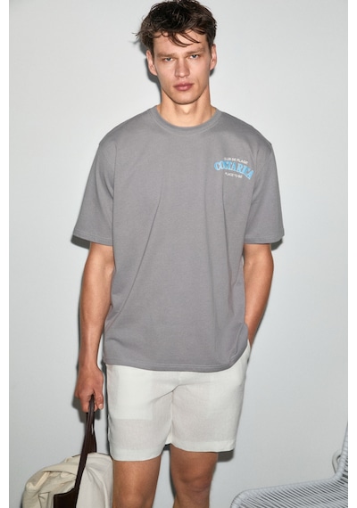 Grımelange Farıd Erkek %100 Organik Pamuklu Baskı Detaylı Yuvarlak Yaka Regular Fit Gri T-shirt