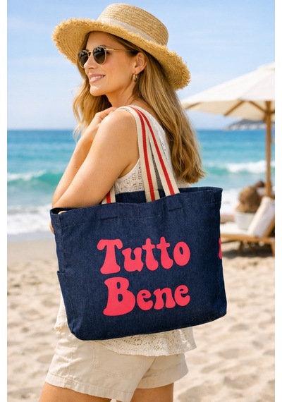 Faralya Life Mavi Kot Denim Çanta Baskılı Pamuk Bez Çanta 52x42 Cm 60 Cm Sap Uzunluğu Açık Pembe