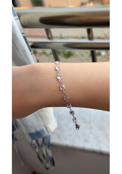Kadın Gümüş Renk Prenses Kesim Zirkon Taşlı Bileklik 18 Cm