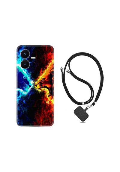 Vivo Y22S Kılıf İpli Boyun Askılı Desenli Silikon Red Blue Leon 1714