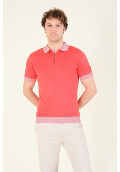 Giyim Dünyası Erkek Renkli Yaka Yarım Fermuarlı Polo Yaka Merserize T-shirt Mercan 001