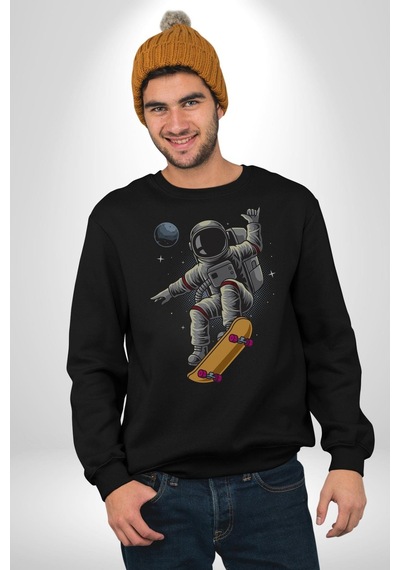 Atronot Kaykay Uzay Mars Unisex Siyah Baskılı Sweatshirt Siyah
