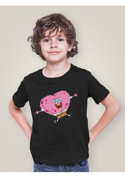 Sevbano Unisex Süngerbob Kalp Baskılı Çizgi Film Çocuk Tişört 1-12 Yaş Siyah