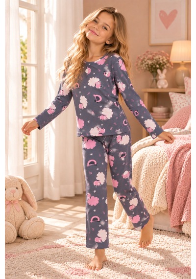 Free Beka Desenli Bisiklet Yaka Süet Kumaş Kız Çocuk Uzun Kollu Pijama Takımı Gri
