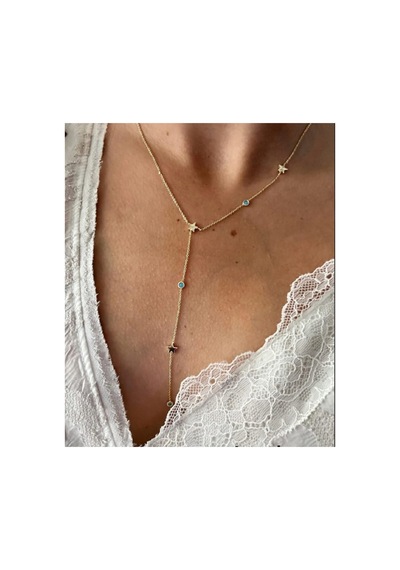 Lunarie Yıldız Detaylı Vintage Y Kolye 14k Gold Turkuaz Taşlı Altın