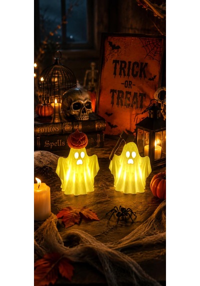 Balkabaklı & Baltalı Hayalet Pilli Led Mum İle Kullanım Dekoratif Biblo Halloween Dekoru Ev Dekorasyonu 2 Li Set