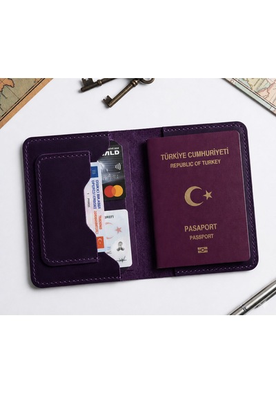 Parla Leather Pasaport Cüzdanı Kılıfı Kişiye Özel V3 Hakiki Gerçek Deri Kılıf Kadın Erkek Mor