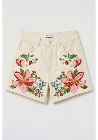 it's basic Kadın Ekru 7s6-69 Mom Fit Yüksek Bel Çiçek Nakışlı Özel Tasarım Denim Şort