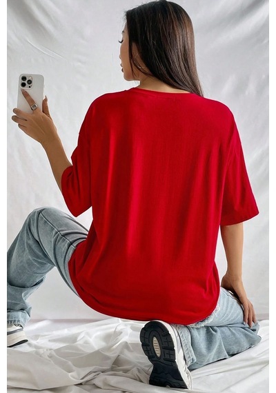 Uyguntarz Unisex Baseball Baskılı Oversize Tshirt Kırmızı