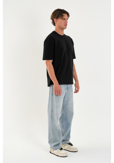 Blank Unisex Oversize Geniş Kesim Tişört %100 Pamuk Kalın Dokulu Bisiklet Yaka T-shirt Siyah