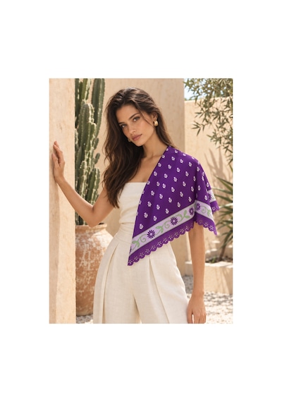 Tarzını Seç Mor Papatya Çerçeve Desenli Dantel Oya Kesim Fular / Bandana 70 X 70 Cm