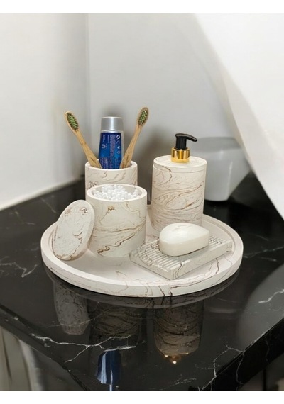 5'lı Bej Mermer Desen Beton Banyo Seti,sıvı Sabunluk Diş Fırçalığı Beton Takım,tepsi,pamukluk Bej