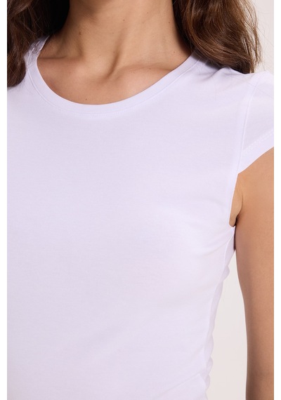 Tudors Kadın Slim Fit Dar Kesim Pamuklu Likralı Bisiklet Yaka Ay Kol Beyaz Tişört-51120
