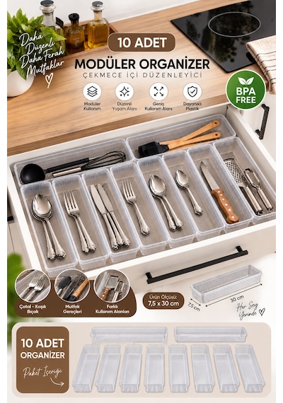 Porsima 0382 Modüler 10'lu Çekmece İçi Organizer Seti 30x7.5 Cm - Çatal Bıçak & Ev Düzenleyici Şeffaf