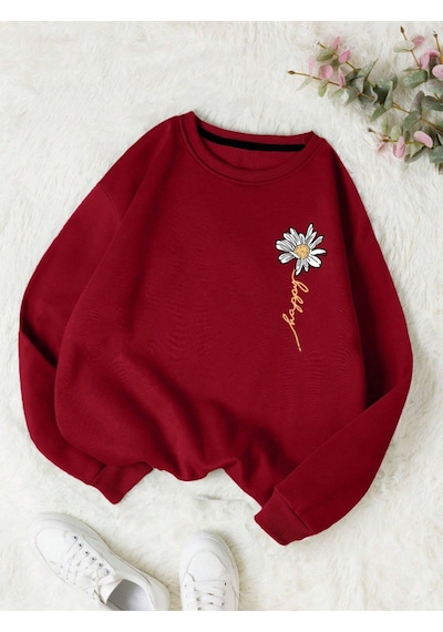 Startmore Kırmızı Kadın Happy Daısy Özel Renkli Oversize Bisiklet Yaka Pamuklu