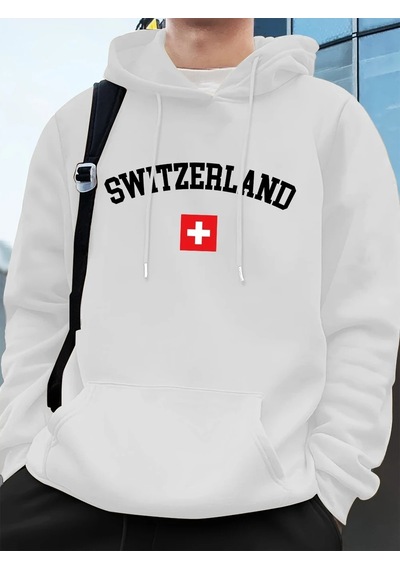 Startmore Tarzsokak İsviçre Bayrağı Baskılı Erkek Kapüşonlu Üstleri Sonbahar Cepli Sweatshirtler Temel Polar Sıca Beyaz