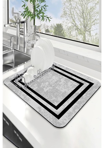 Gri Çerçeveli Microfiber Bulaşık Kurutma Kurulama Matı Mm018