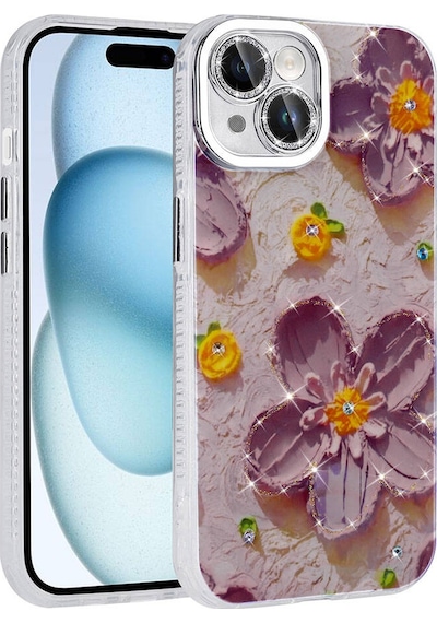 Apple Uyumlu iPhone 14 Kılıf Çiçek Desenli Parlak Taşlı Sert Silikon Tchs Garden Kapak - Mavi Mavi