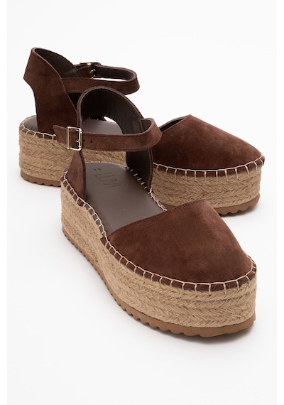 Luvishoes Viba Kahve Süet Hakiki Deri Kadın Hasır Dolgu Taban Sandalet Kahverengi