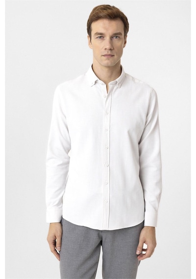 Süvari Ekru Slim Fit Desenli Düğmeli Yaka Gömlek
