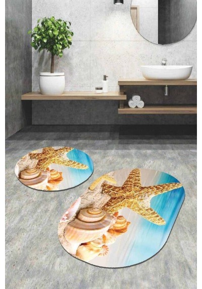 Renkli Marin Desen Oval 2'li Banyo Klozet Paspas Seti Bs098n11 Çok Renkli