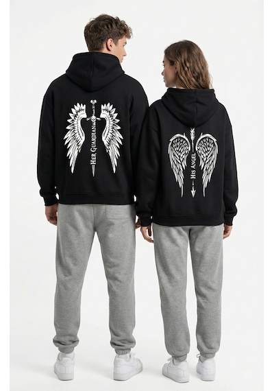 Nevermind Unisex His Angel & Her Guardian Baskılı Sevgili Kombini Hoodie Se Siyah