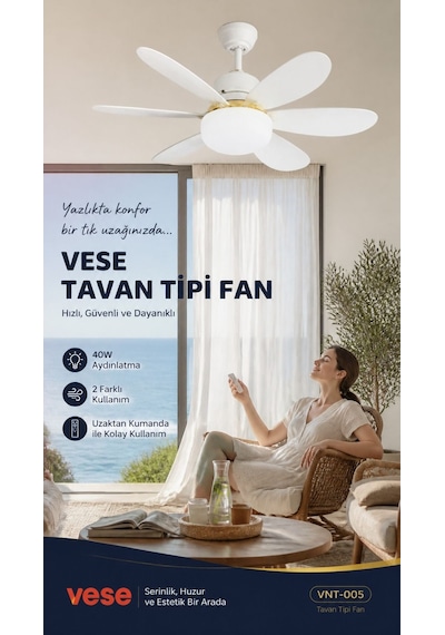 40w Uzaktan Kumandalı Tavan Vantilatörü Led Işıklı E27 Uyumlu Fan