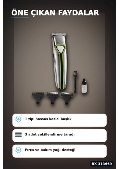 Usb Sarjli T Tipi Bicakli Sac Sakal Kesme Makinesi 3 Tarakli Profesyonel Erkek Traas Bx-313669