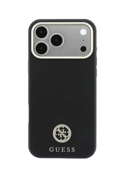 Apple iPhone Uyumlu 18 Pro Max Kılıf Guess Lisanslı M-safe Özellikli Pu Taşlı Metal 4g Ve Yazı Logolu Kapak Siyah