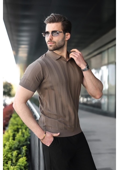 Madmext Açık Kahverengi Slim Fit Polo Yaka Triko Erkek Tişört E7491