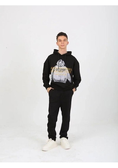 Marions Erkek Çocuk Kapüşonlu Not Hoodies Yazılı Sweatshirt-15230 Siyah
