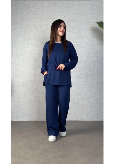 Defymoda Kadın Uzun Kollu Bisiklet Yaka Belden Büzgülü Bağcıklı Viskon Iki Iplik Bluz Ve Pantolon Ikili Takım Siyah