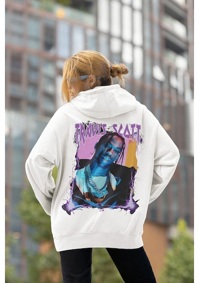 Sevbano Travis Scott Baskılı Unisex Oversize Rapper Şarkıcı Hoodie Beyaz