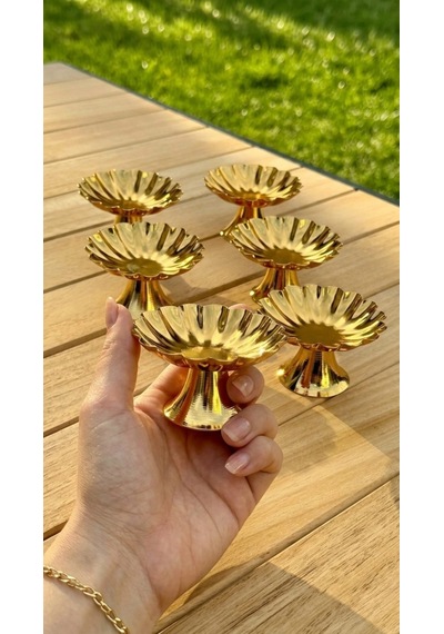 6'lı İsritidye Huni Ayaklı Gold Kahve Yanı Lokumluk, Makaronluk, Şekerlik,sunum,kahve,ikramlık,